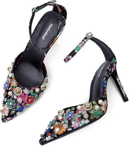 Mofirdast Womens Ankle Strap Colorful Rhinestones Heels Floral Print Embroidery - Image 3