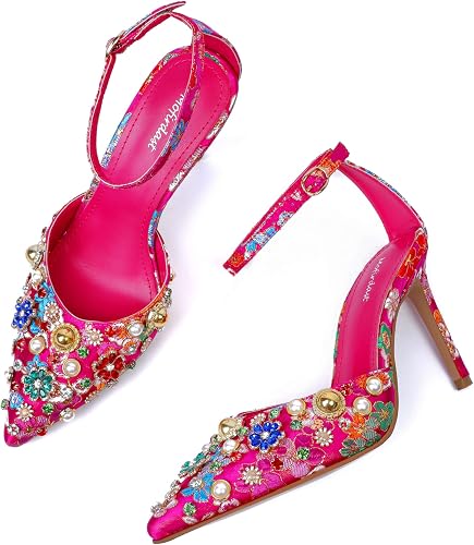 Mofirdast Womens Ankle Strap Colorful Rhinestones Heels Floral Print Embroidery - Image 5