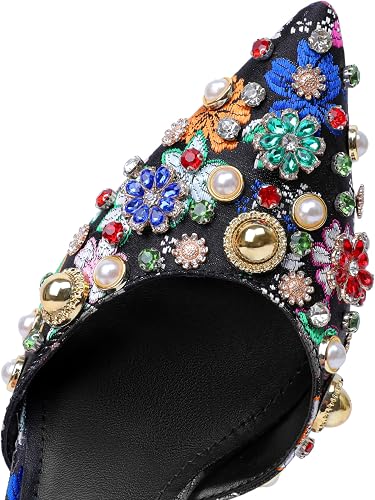 Mofirdast Womens Ankle Strap Colorful Rhinestones Heels Floral Print Embroidery - Image 5