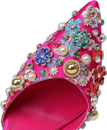 Mofirdast Womens Ankle Strap Colorful Rhinestones Heels Floral Print Embroidery - Image 6