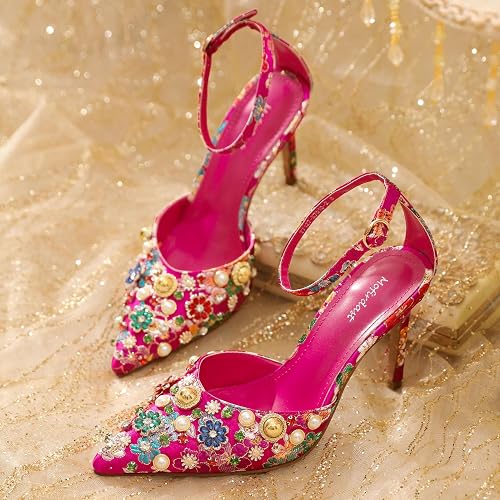 Mofirdast Womens Ankle Strap Colorful Rhinestones Heels Floral Print Embroidery - Image 7
