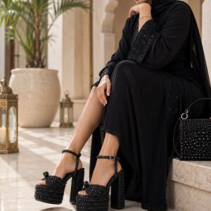 Pearl Platform High Heels for Women Round Toe Ankle Strap Chunky Heeled