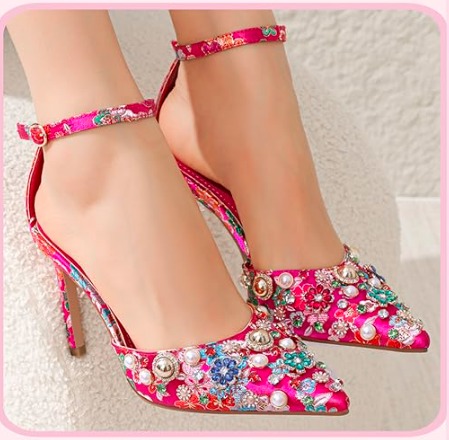 Mofirdast Womens Ankle Strap Colorful Rhinestones Heels Floral Print Embroidery - Image 2