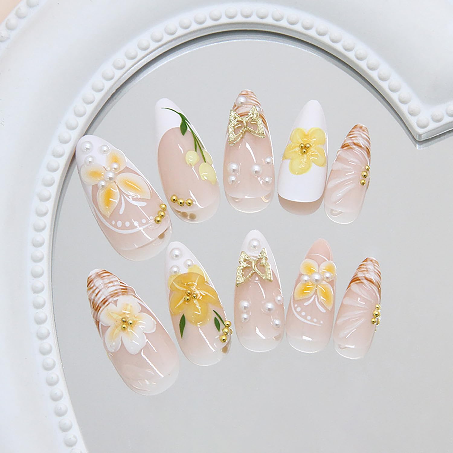 24Pcs Spring Press on Nails Medium Almond Fake Nails with Pearl Butterfly Rhinestones - Image 6