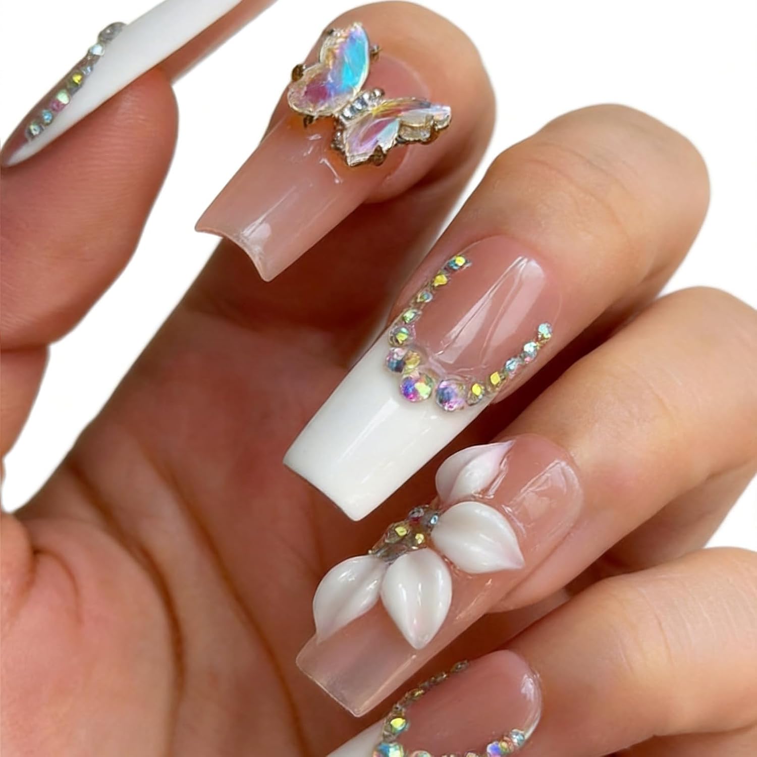 Luxury Handmade Press on Nails - Long Square White French Tips Press on Nail with 3D - Image 6