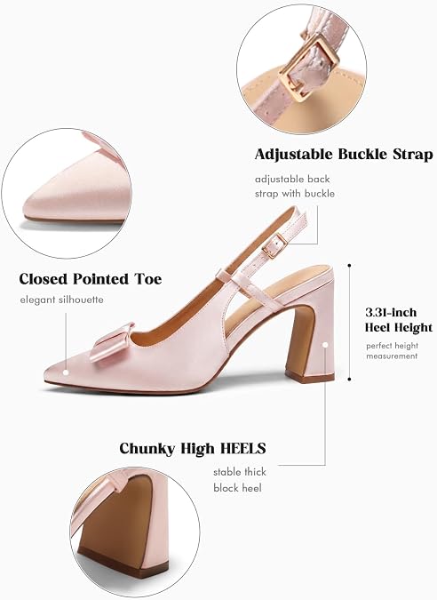 Coutgo Womens Slingback Chunky High Heels Bow Closed Pointed Toe Pumps - Image 4