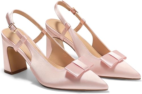 Coutgo Womens Slingback Chunky High Heels Bow Closed Pointed Toe Pumps