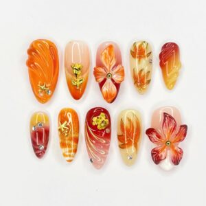 30 Pcs Fall Press on Nails Medium Almond Fake Nails with 3D Flower Gold Rose Rhinestones Design