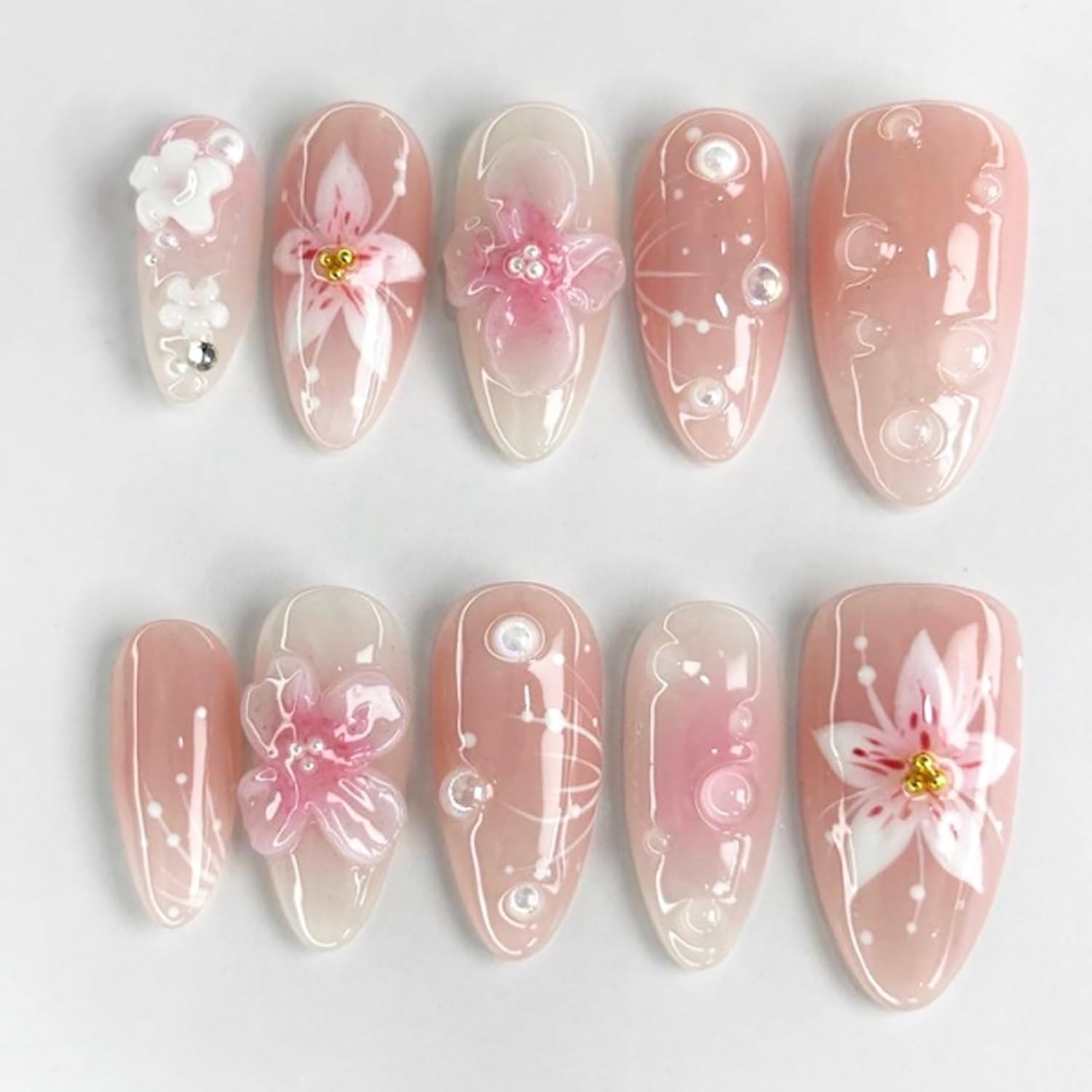 24pcs Summer Flower Press on Nails Medium Almond Fake Nails with 3D Cute Floral Pearl Designs - Image 7