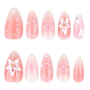 24pcs Summer Flower Press on Nails Medium Almond Fake Nails with 3D Cute Floral Pearl Designs