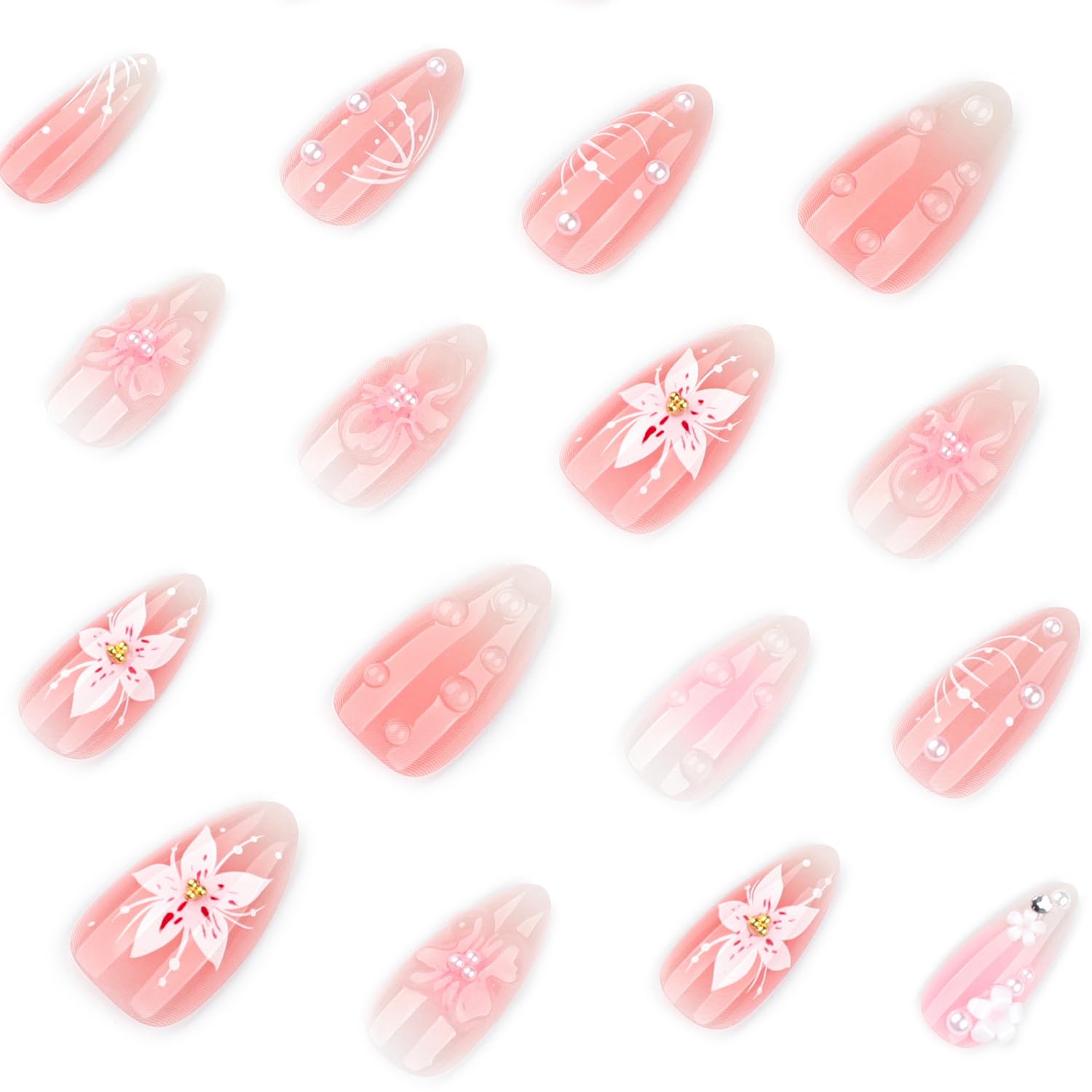 24pcs Summer Flower Press on Nails Medium Almond Fake Nails with 3D Cute Floral Pearl Designs - Image 5