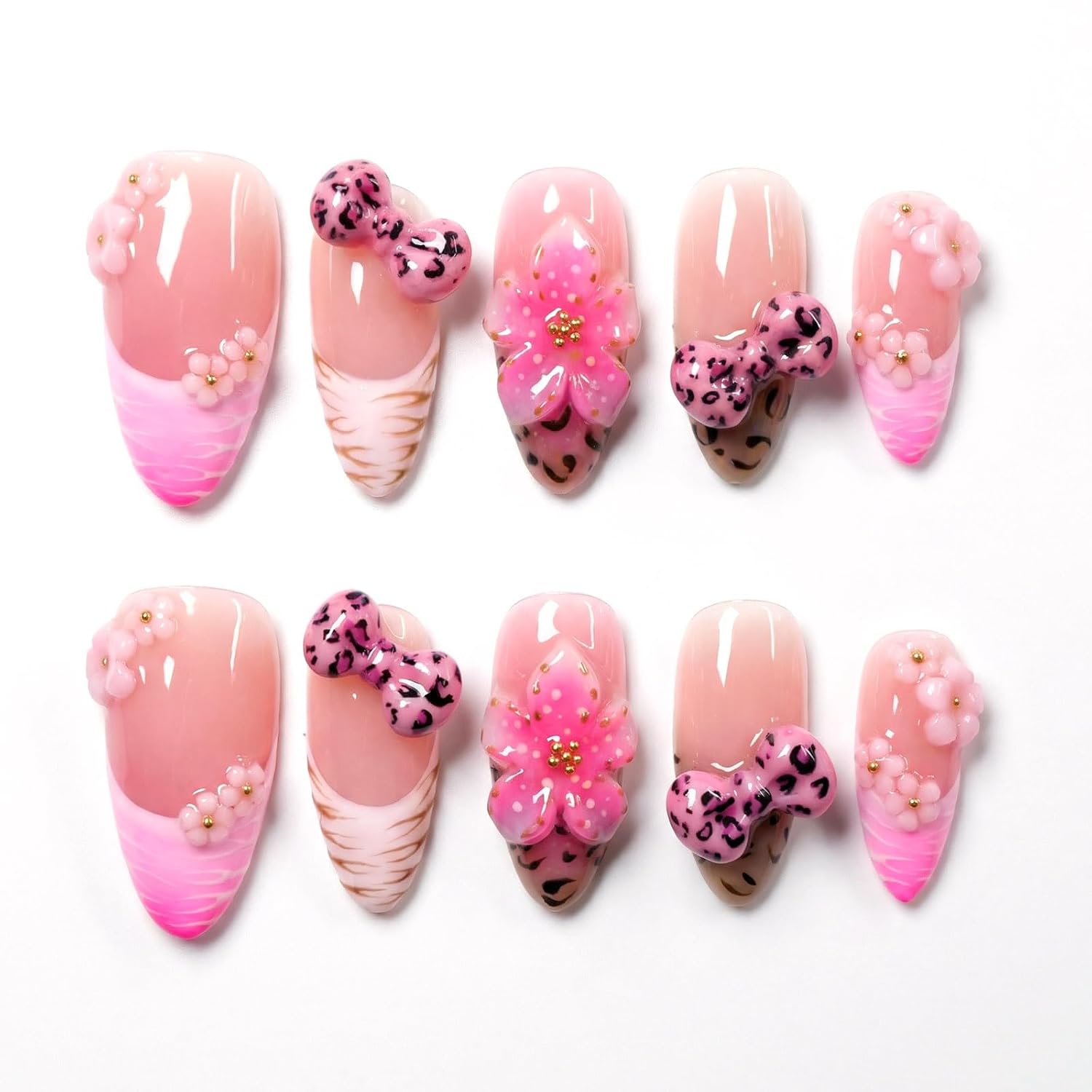 Handmade Press on Nails Medium Almond - 3D Leopard Bow & Floral Pink Ombre - Image 2