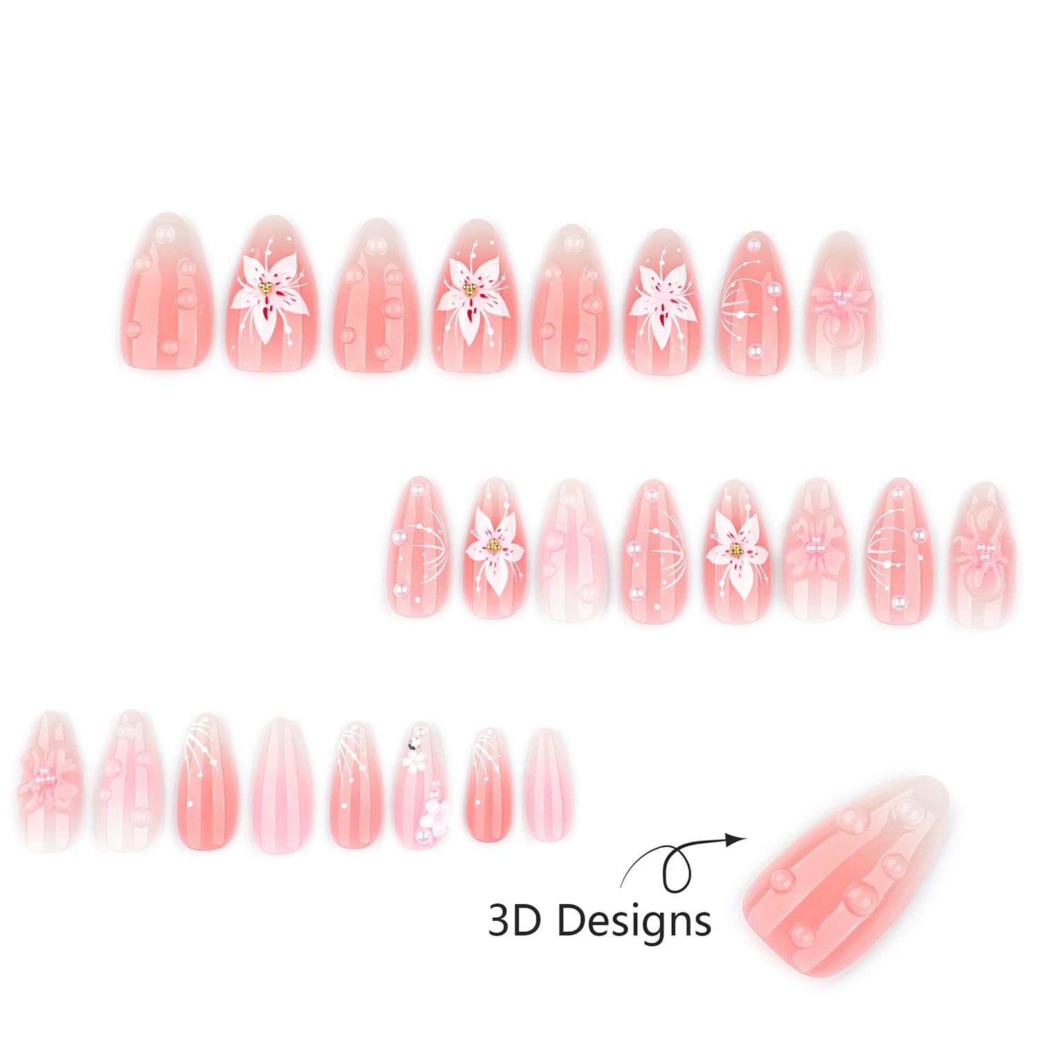 24pcs Summer Flower Press on Nails Medium Almond Fake Nails with 3D Cute Floral Pearl Designs - Image 6