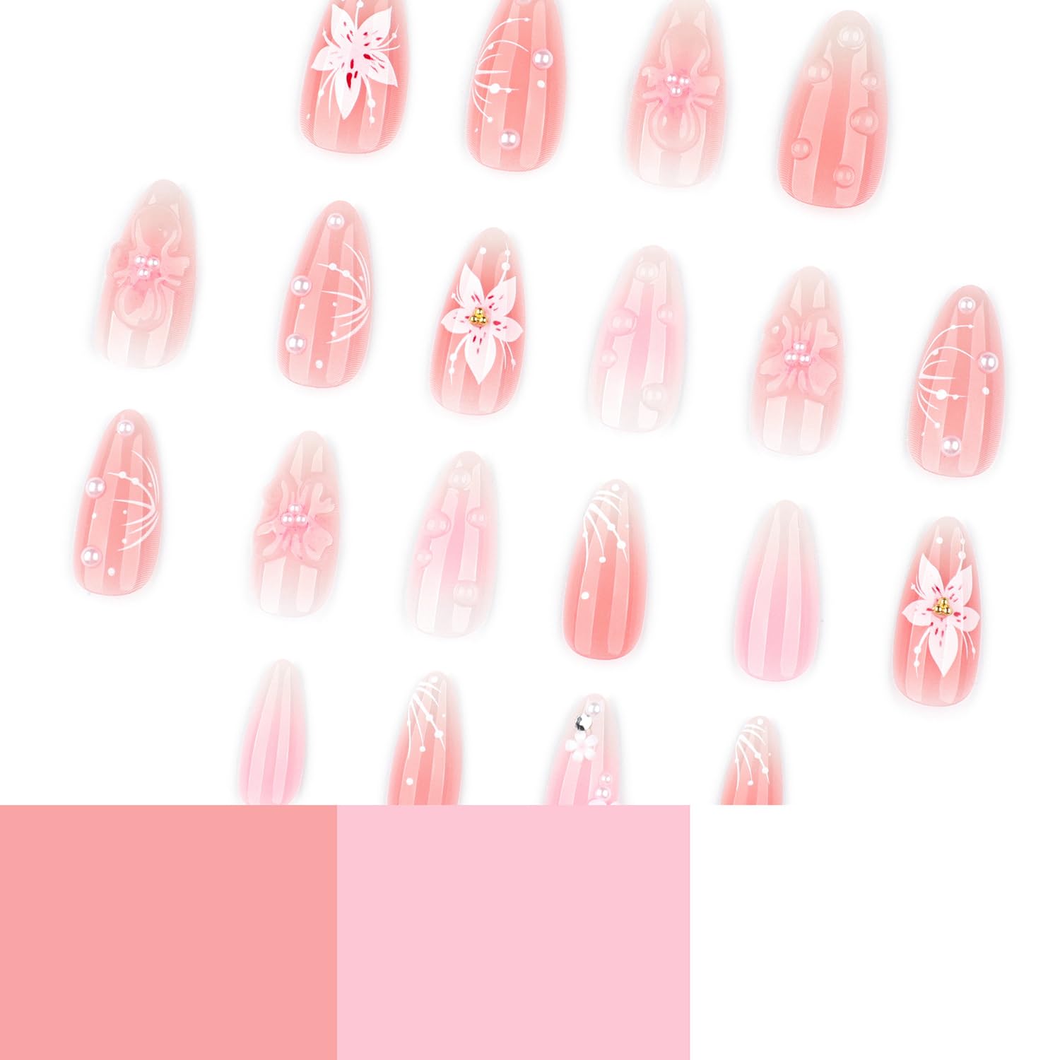 24pcs Summer Flower Press on Nails Medium Almond Fake Nails with 3D Cute Floral Pearl Designs - Image 3