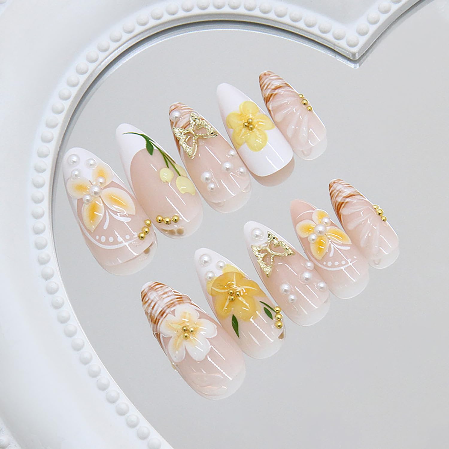 24Pcs Spring Press on Nails Medium Almond Fake Nails with Pearl Butterfly Rhinestones - Image 4