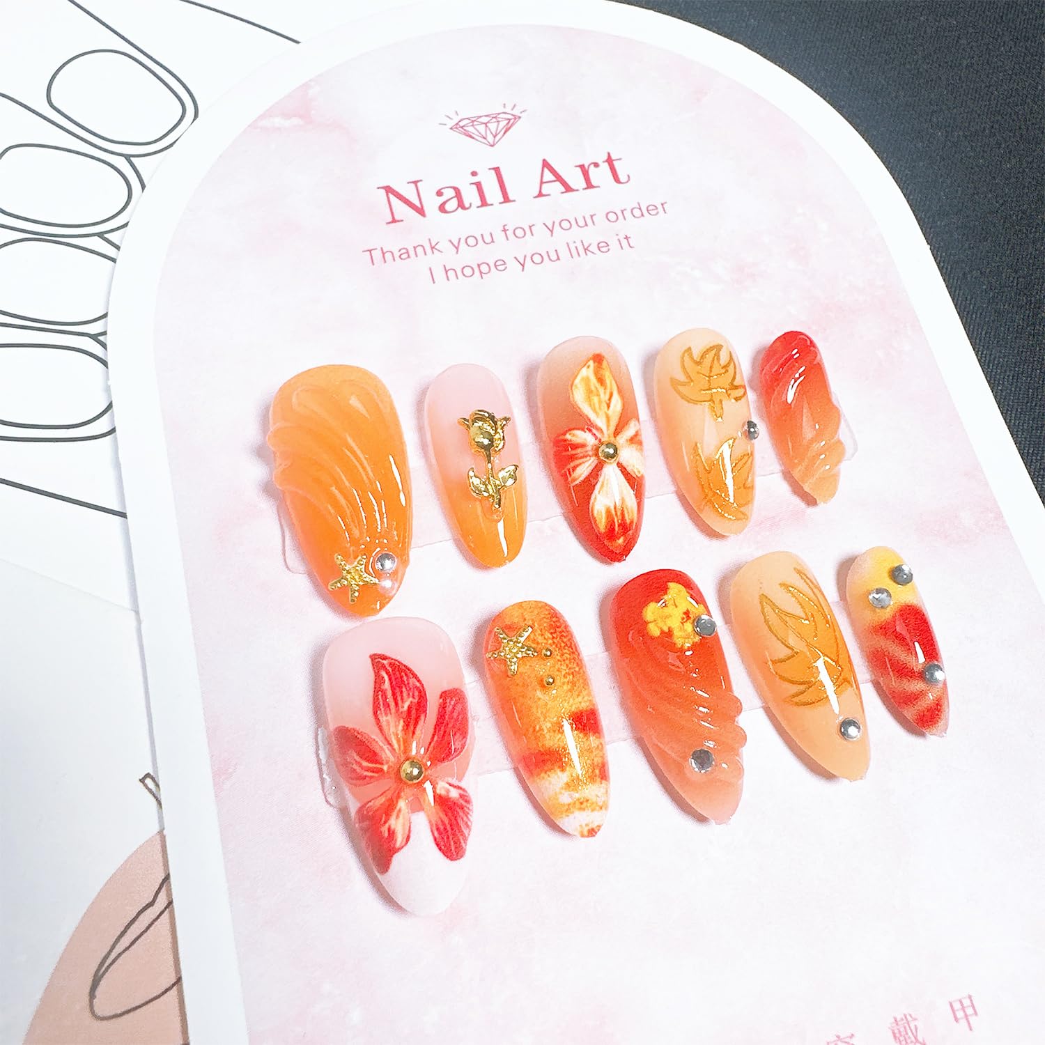 30 Pcs Fall Press on Nails Medium Almond Fake Nails with 3D Flower Gold Rose Rhinestones Design - Image 5