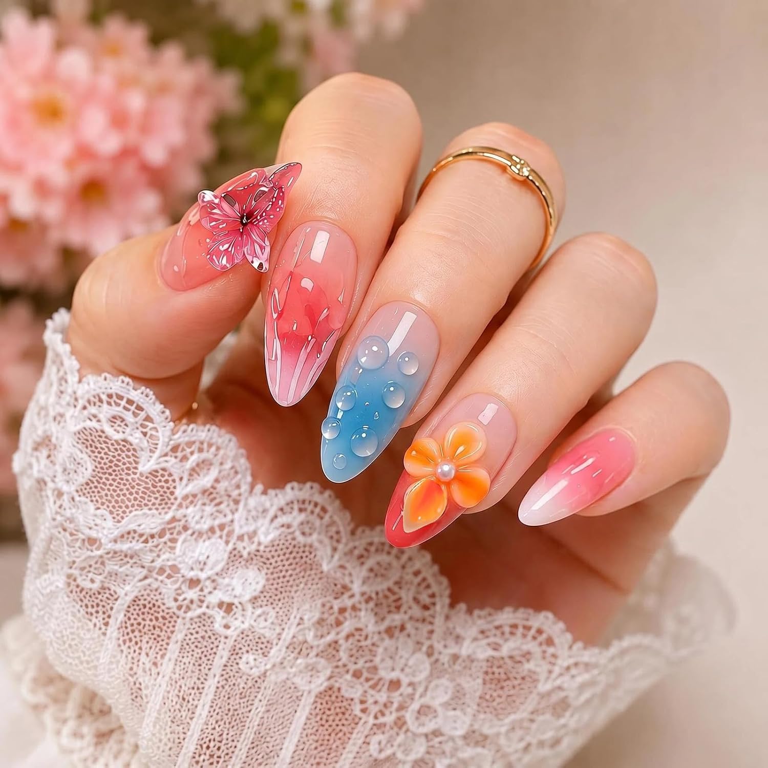 Handmade Press on Nails Medium Almond - 3D Butterfly and Flower Gradient - Image 3