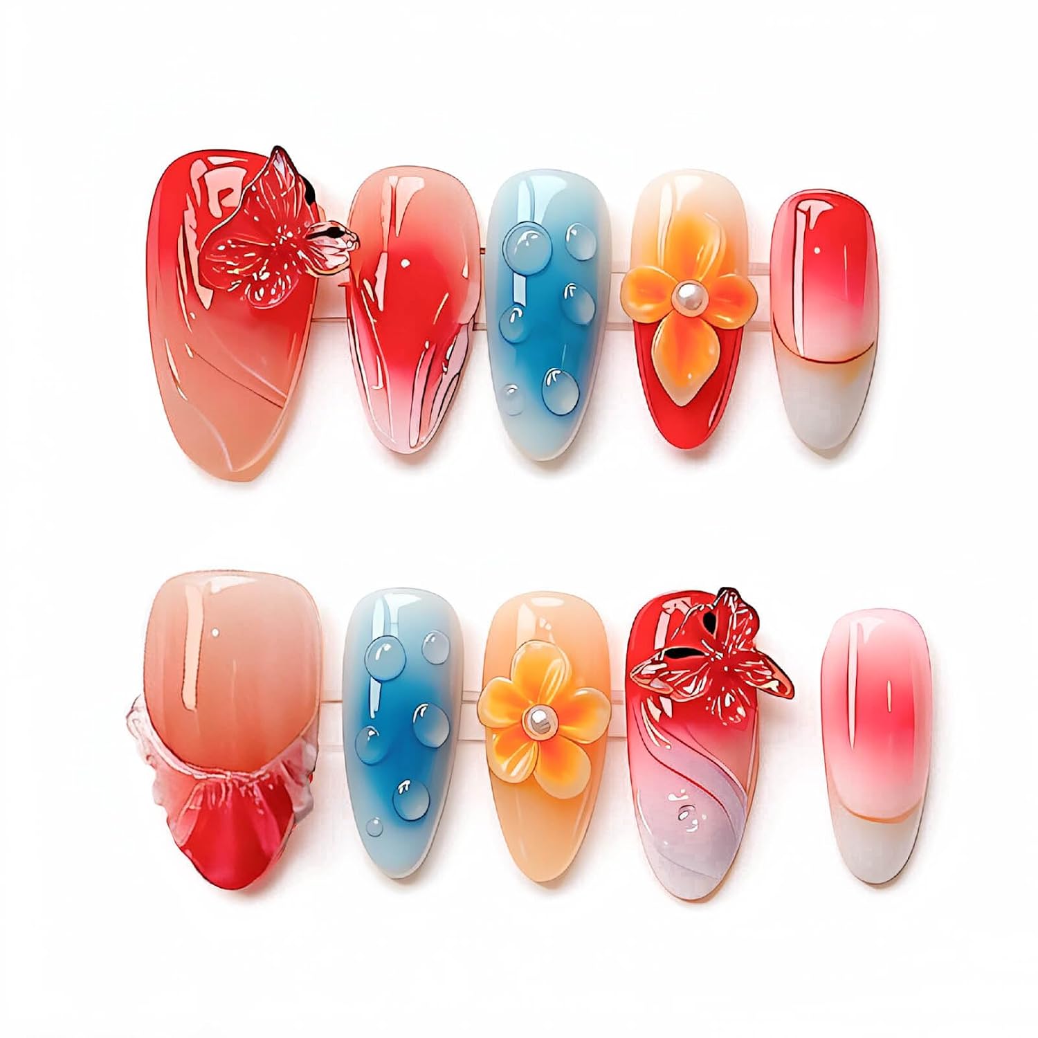 Handmade Press on Nails Medium Almond - 3D Butterfly and Flower Gradient - Image 2