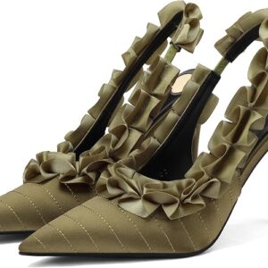 Women's Ruffled-Detail Slingback Pumps Quilted Pointed Toe Stiletto Heels