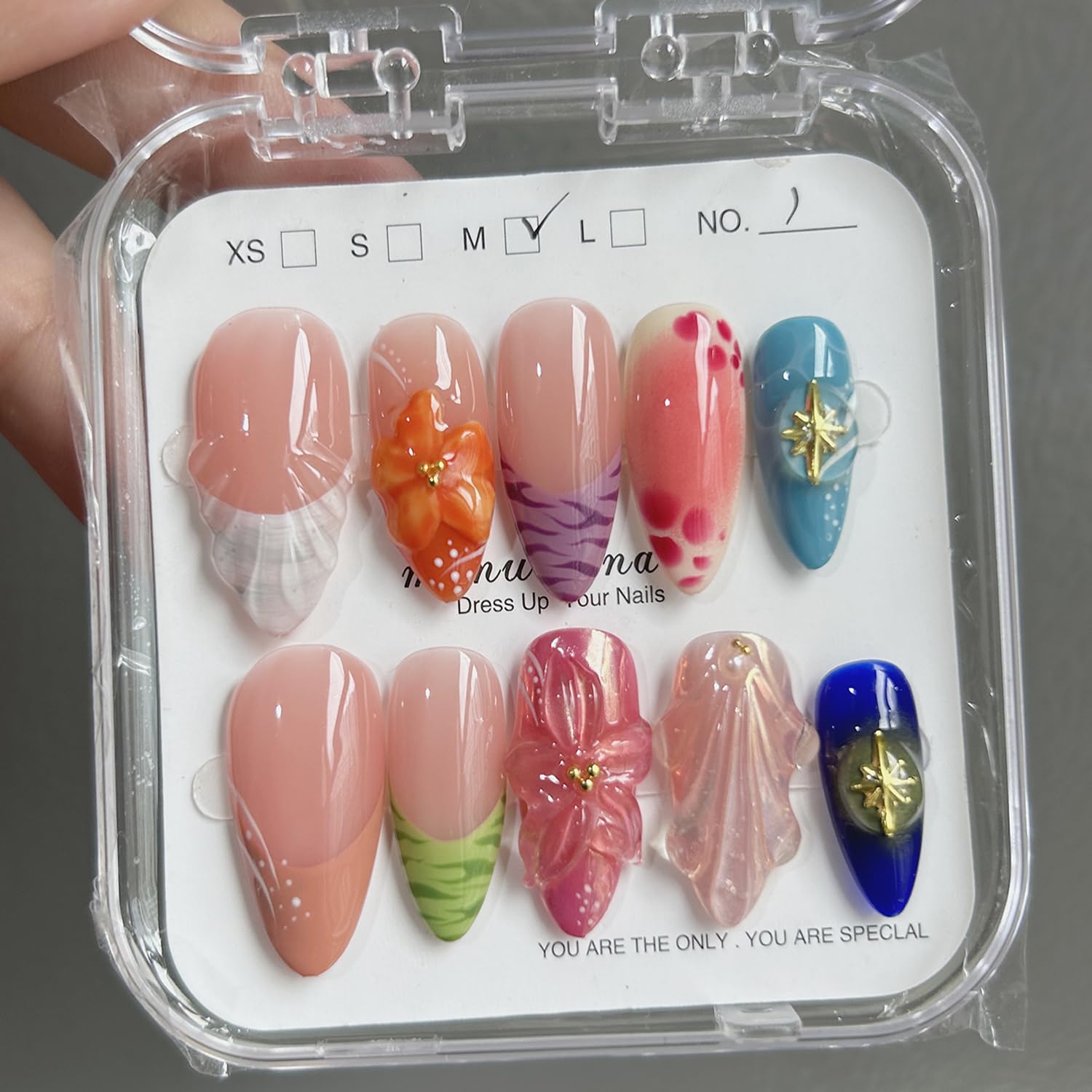 Small size Press On Nails - Handmade Unique Almond Fake Nails, Thick Acrylic and Muti-Layer Gel