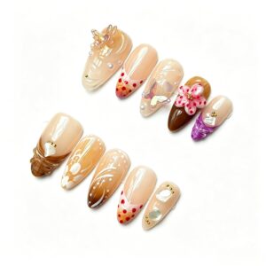 Handmade Press-On Nails – Medium Almond French Tip 3D Butterfly & Brown gradient Flowers