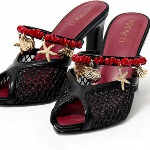 Designer Seashell Peep Toe Block Heel Sandals for Women Slip on Mesh Mules