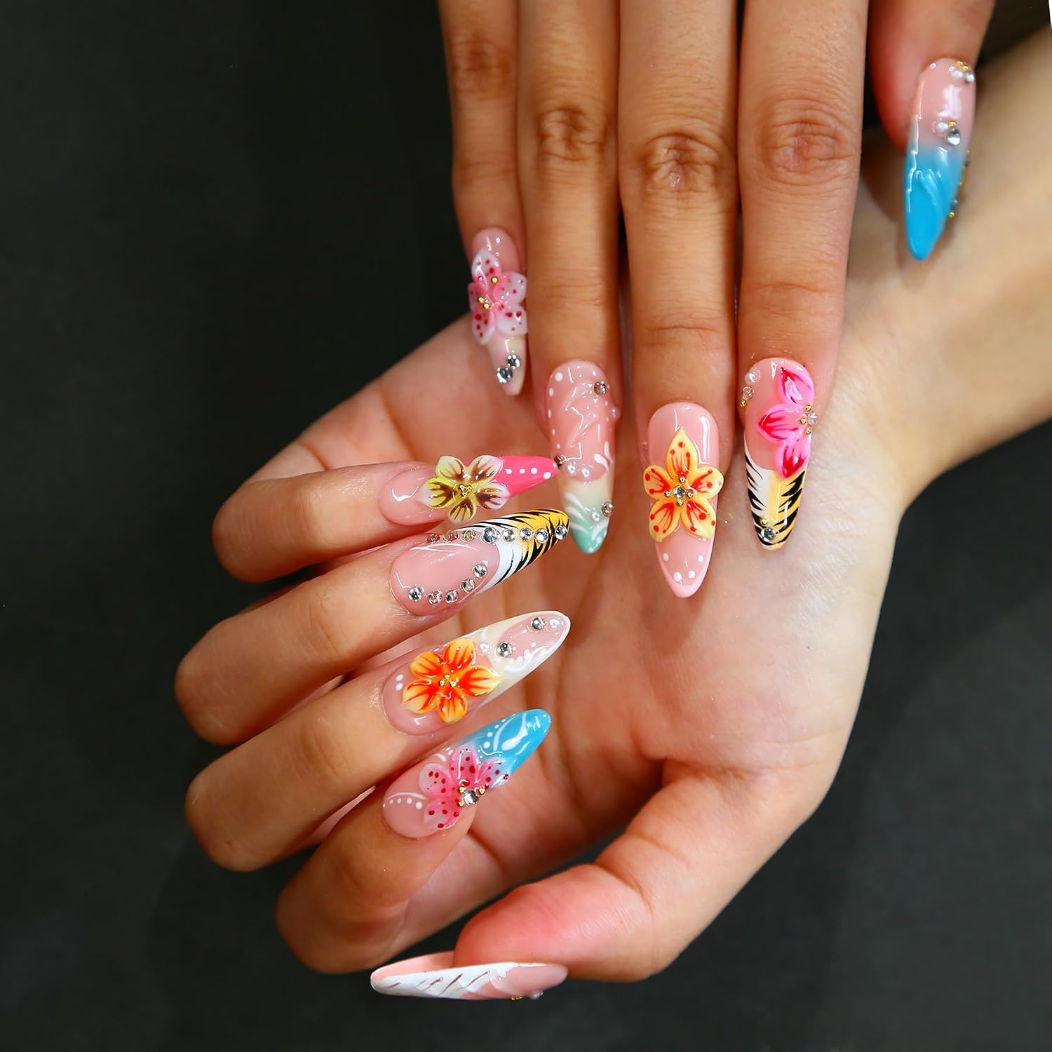 Maglfell Luxury Press on Nails - Cute Handemade Long Almond Fake Nails, 3D French Stiletto - Image 3