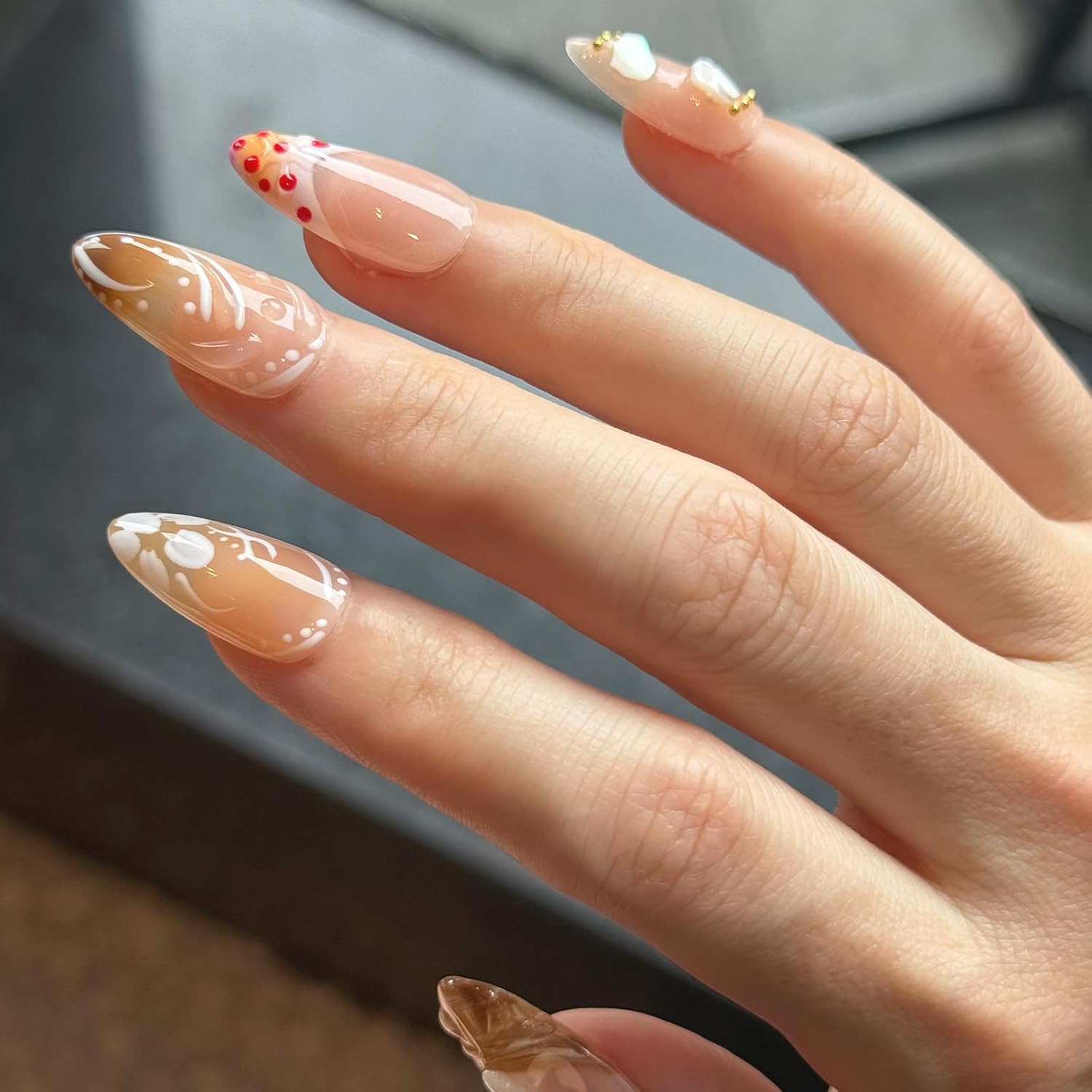 Handmade Press-On Nails – Medium Almond French Tip 3D Butterfly & Brown gradient Flowers - Image 3
