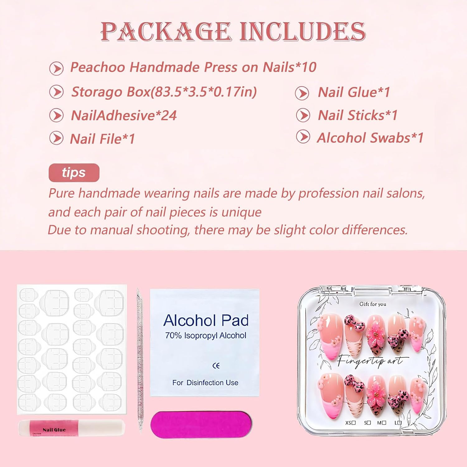 Handmade Press on Nails Medium Almond - 3D Leopard Bow & Floral Pink Ombre - Image 6