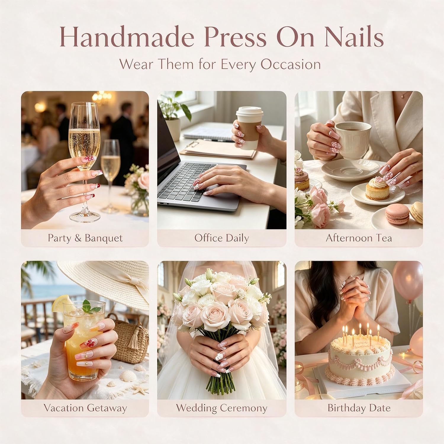Handmade Press-On Nails – Medium Almond French Tip 3D Butterfly & Brown gradient Flowers - Image 7