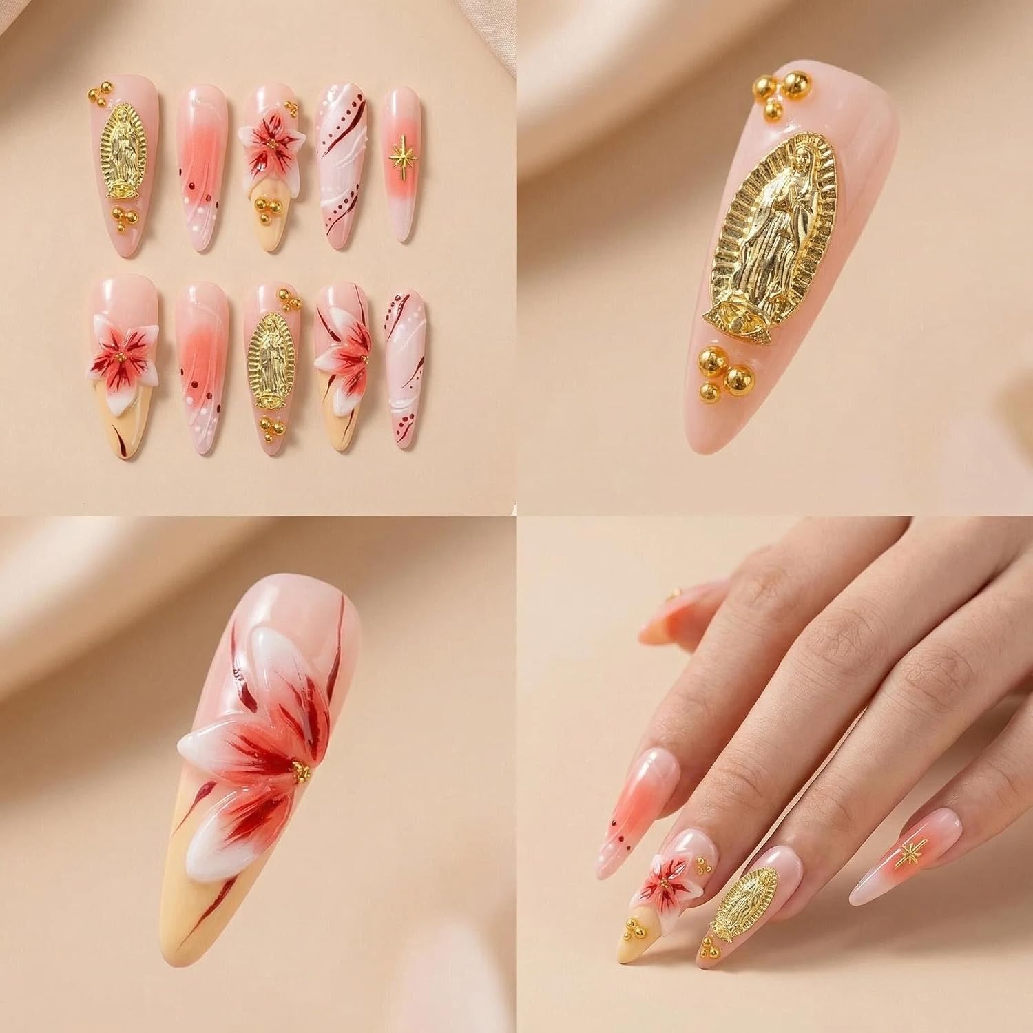 10pcs Handmade Press on Nails Long Stiletto False Nails Yellow French Tip Fake Nails with 3D Pink - Image 3