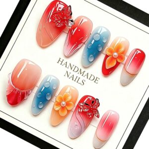 Handmade Press on Nails Medium Almond - 3D Butterfly and Flower Gradient