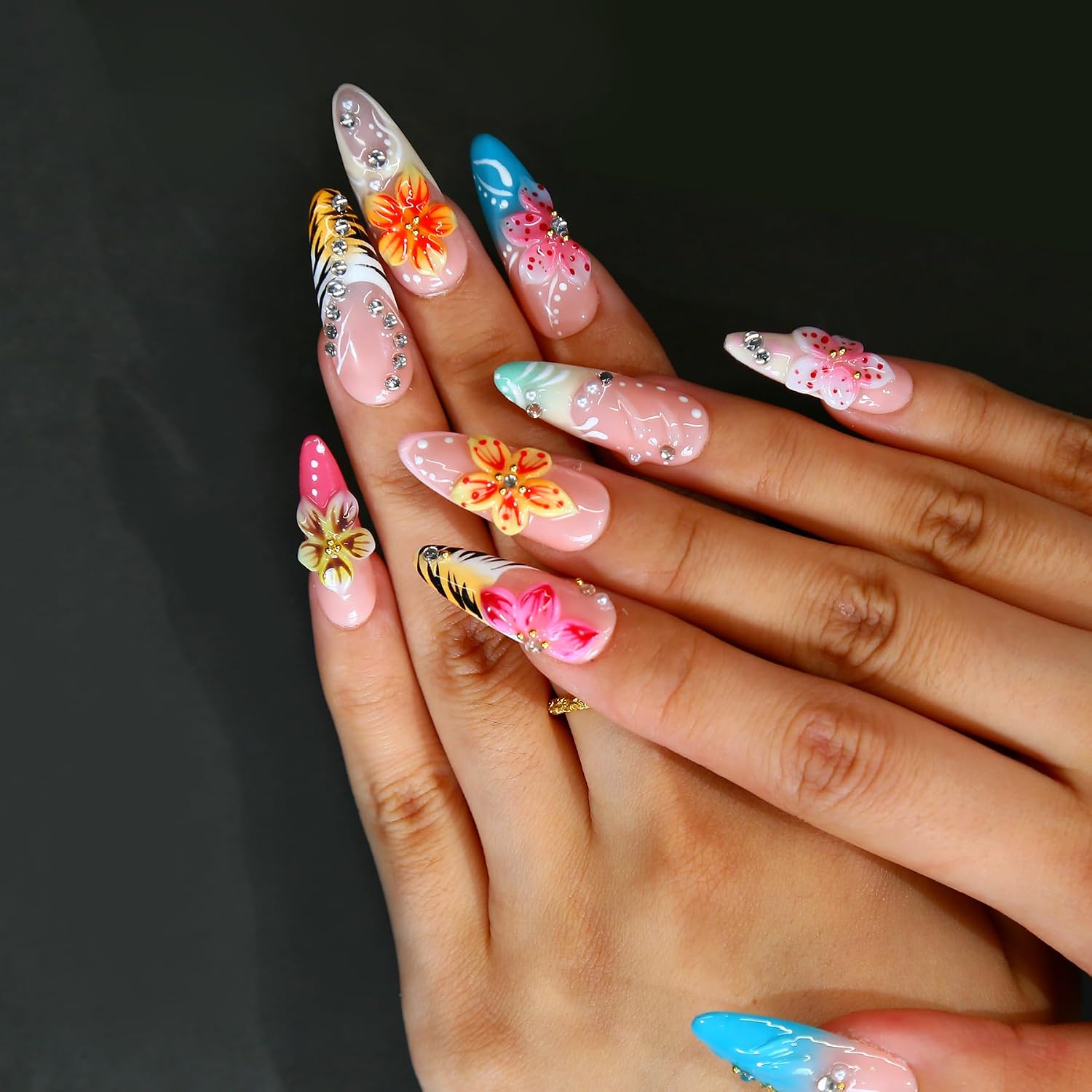 Maglfell Luxury Press on Nails - Cute Handemade Long Almond Fake Nails, 3D French Stiletto - Image 6
