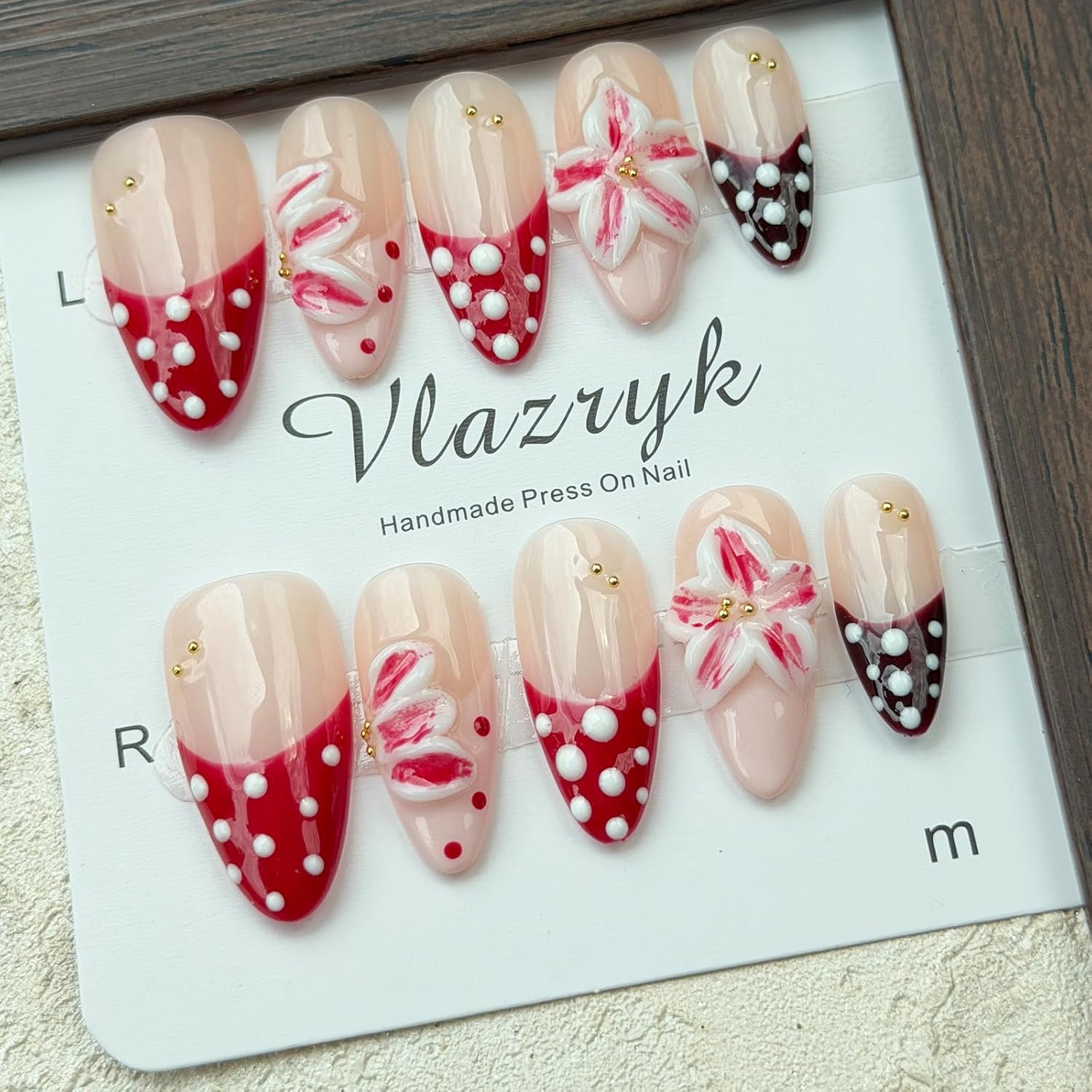 Nude Red Polka Dot Handmade Medium Almond Press On Nails - Image 5