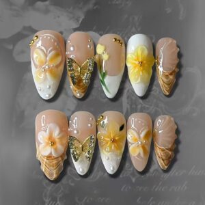 24Pcs Spring Press on Nails Medium Almond Fake Nails with Pearl Butterfly Rhinestones