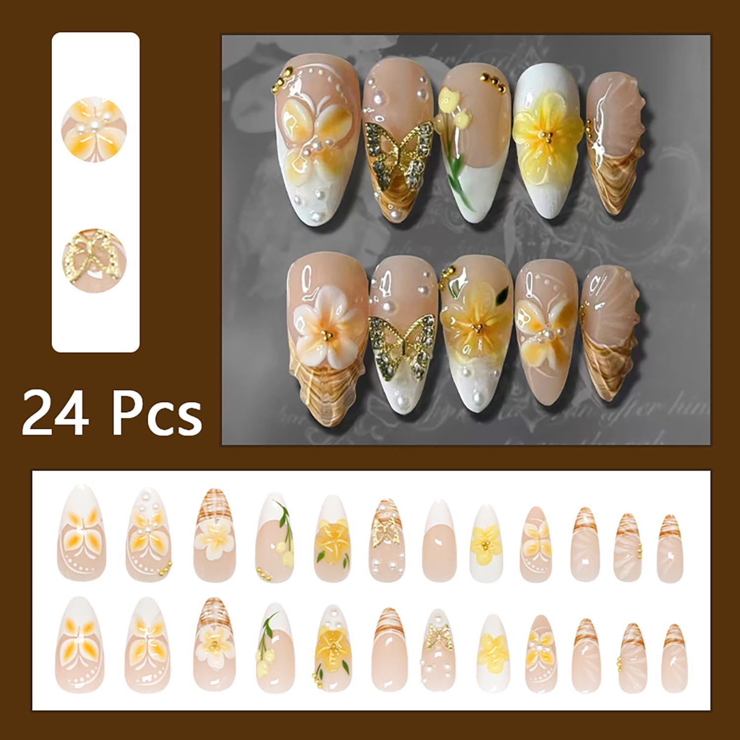 24Pcs Spring Press on Nails Medium Almond Fake Nails with Pearl Butterfly Rhinestones - Image 2