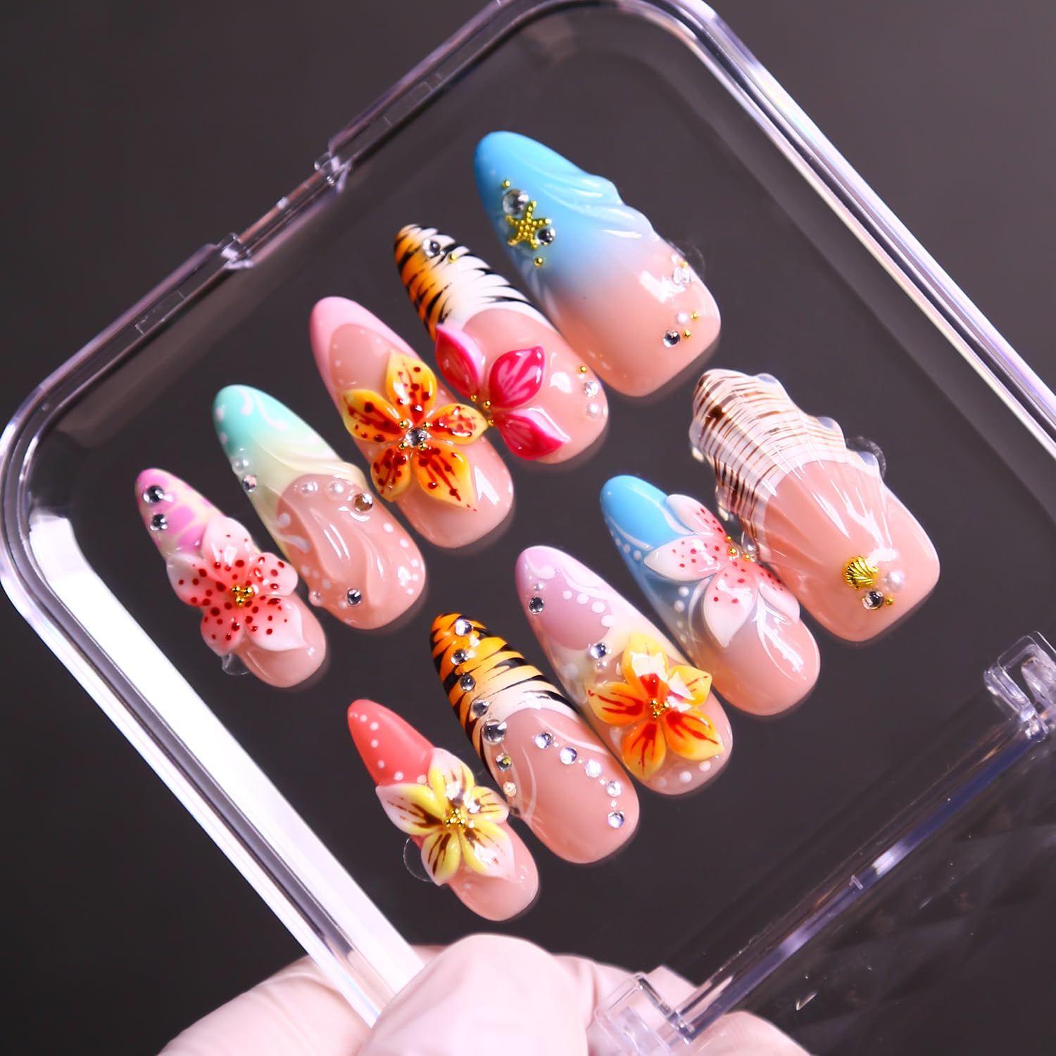 Maglfell Luxury Press on Nails - Cute Handemade Long Almond Fake Nails, 3D French Stiletto