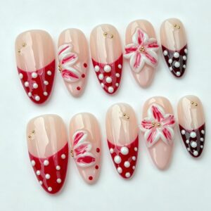 Nude Red Polka Dot Handmade Medium Almond Press On Nails