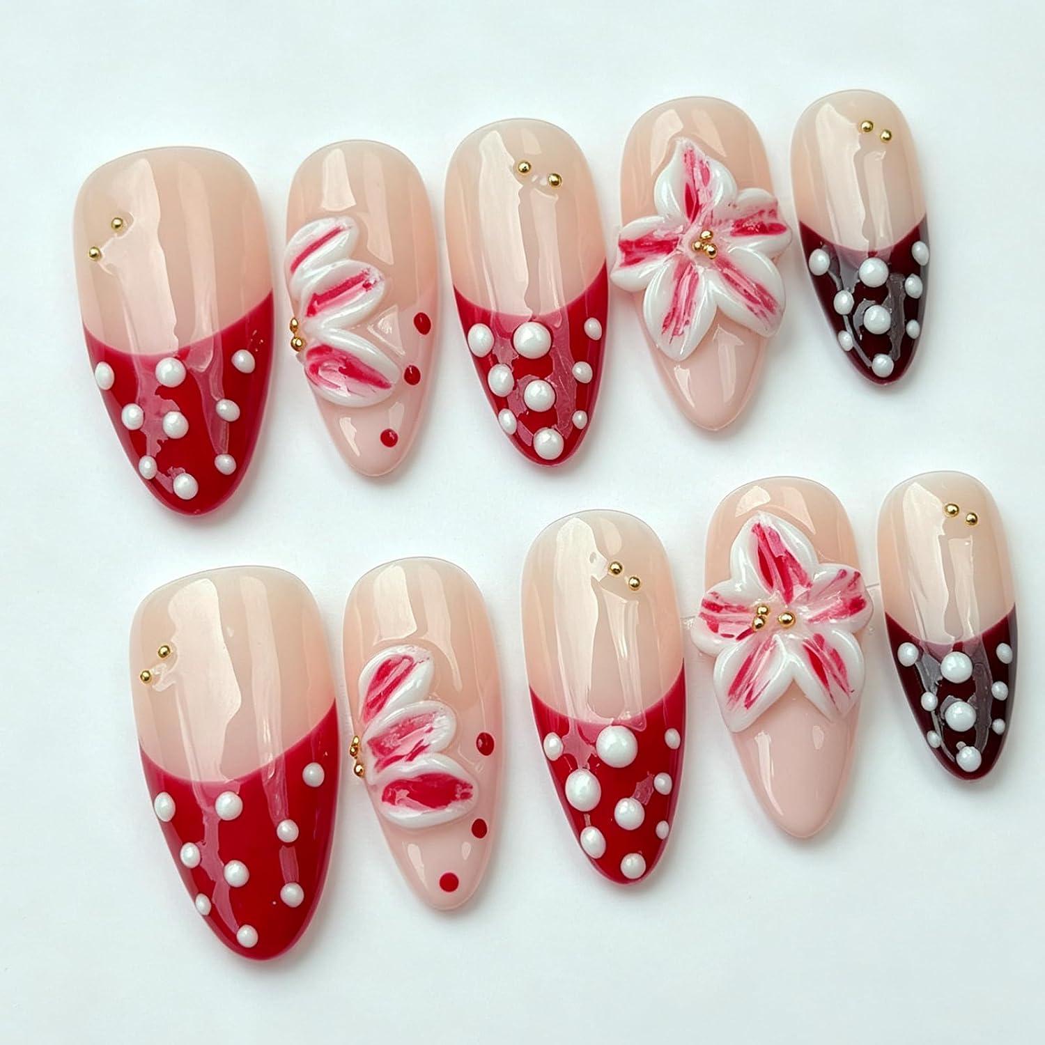 Nude Red Polka Dot Handmade Medium Almond Press On Nails