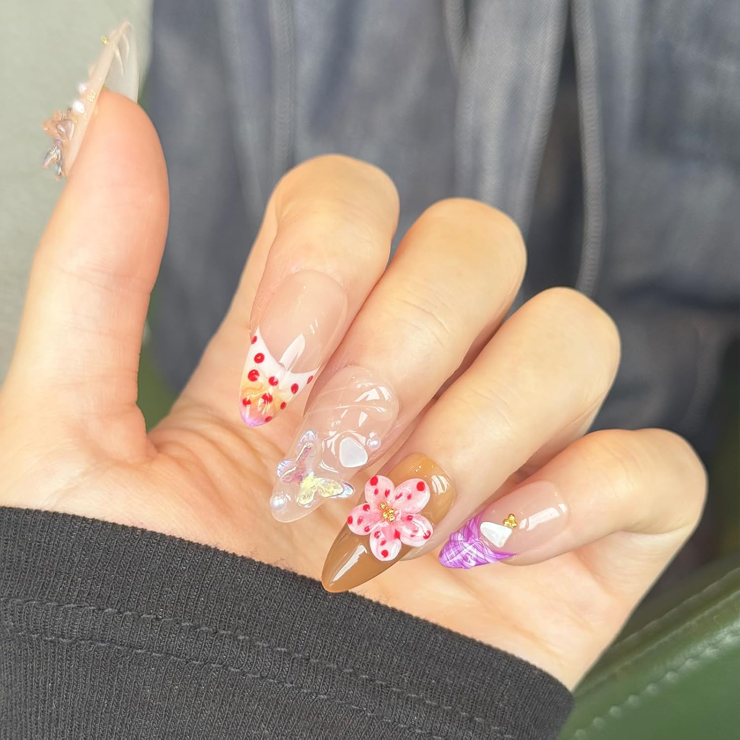 Handmade Press-On Nails – Medium Almond French Tip 3D Butterfly & Brown gradient Flowers - Image 5