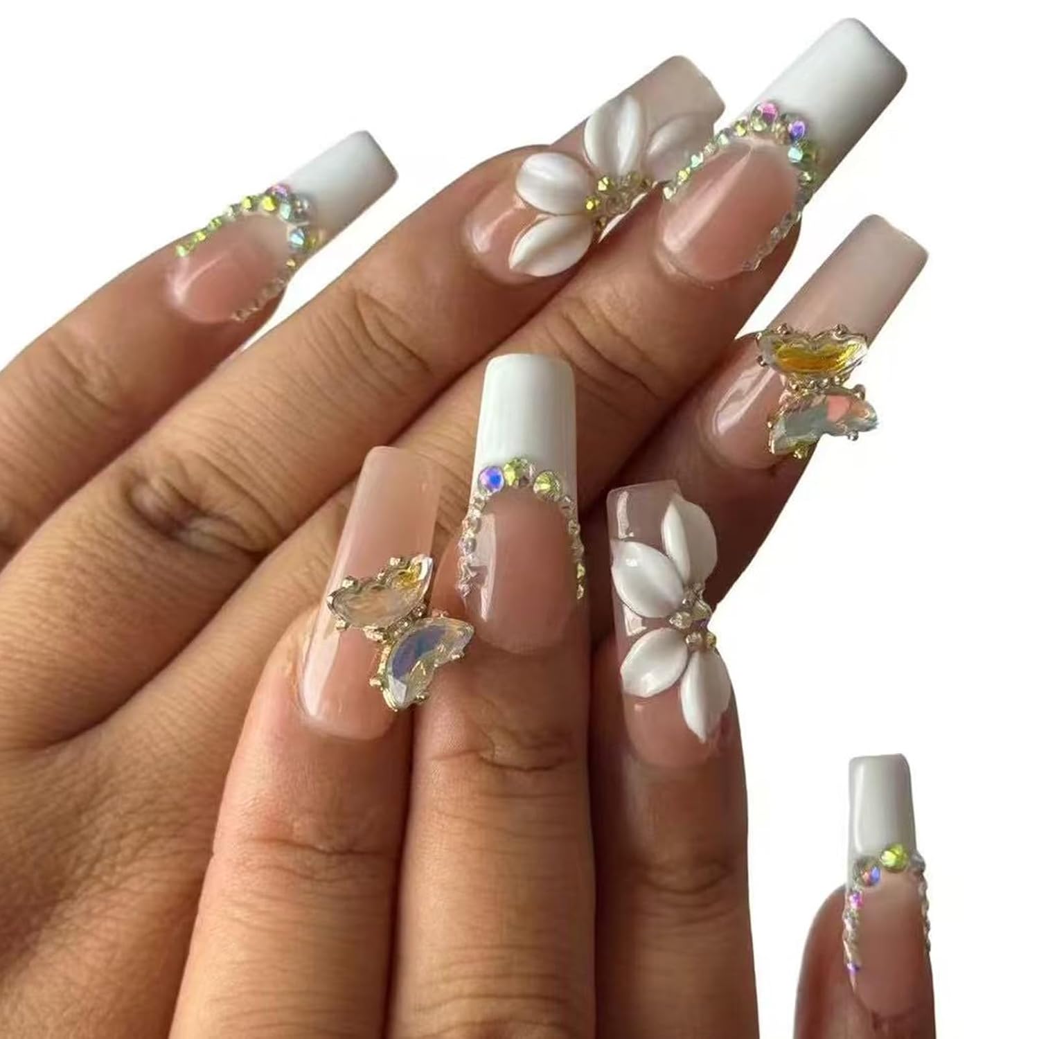 Luxury Handmade Press on Nails - Long Square White French Tips Press on Nail with 3D - Image 2