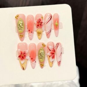 10pcs Handmade Press on Nails Long Stiletto False Nails Yellow French Tip Fake Nails with 3D Pink