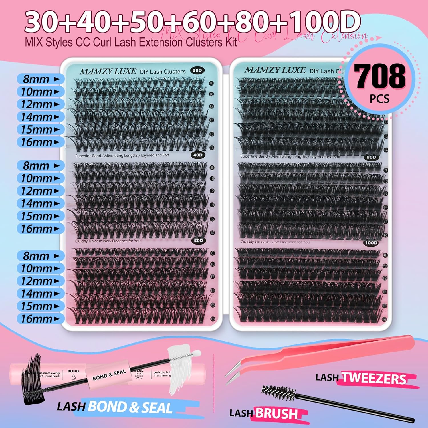 Lash Clusters Kit 708Pcs Individual Cluster Lash Extensions Kit 30D+40D+50D+60D+80D+100D - Image 8