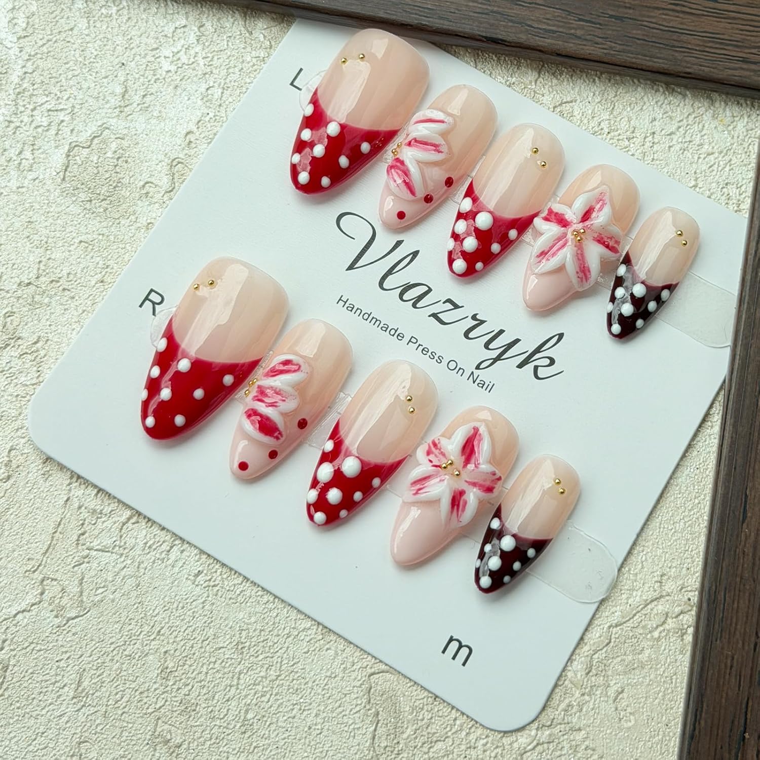 Nude Red Polka Dot Handmade Medium Almond Press On Nails - Image 3