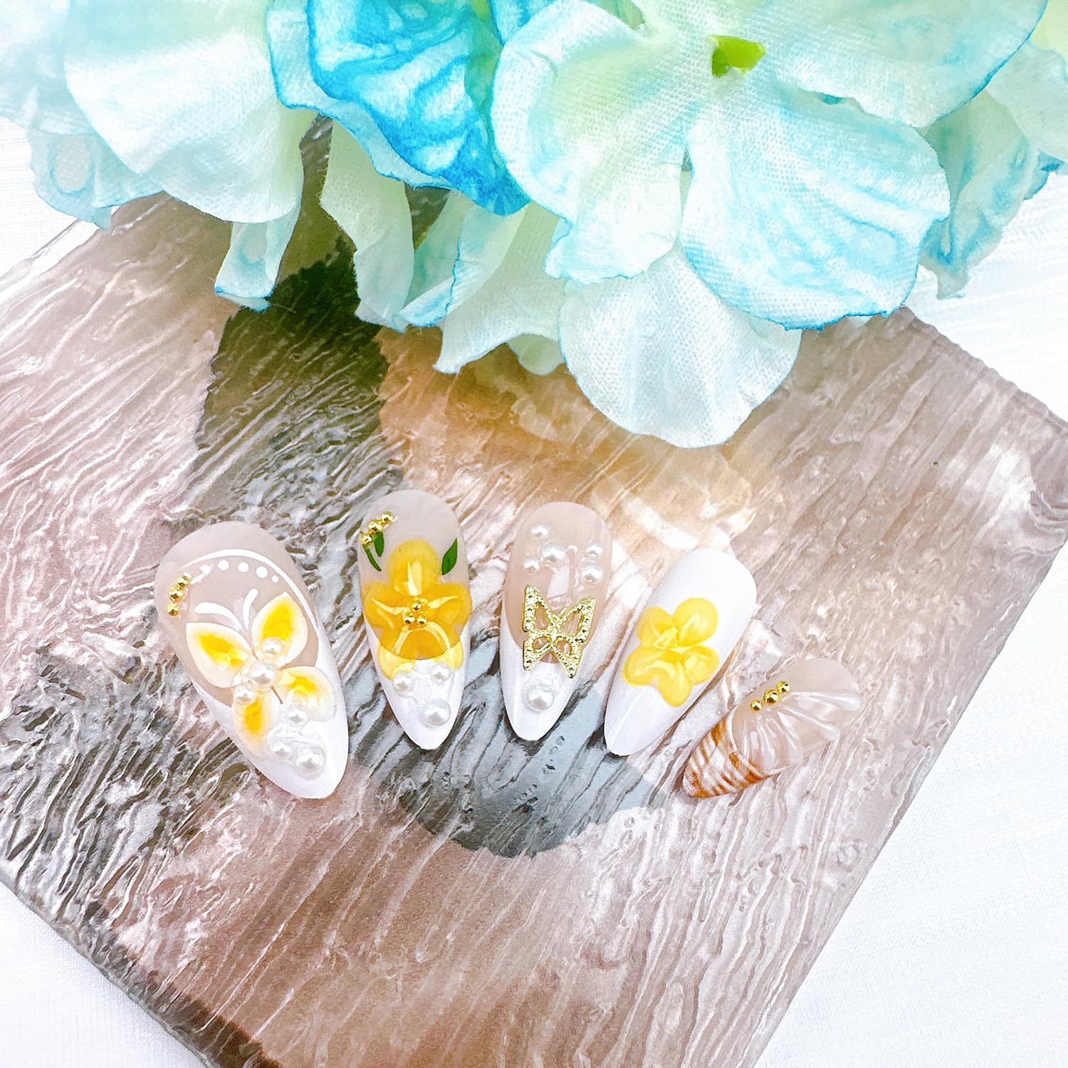 24Pcs Spring Press on Nails Medium Almond Fake Nails with Pearl Butterfly Rhinestones - Image 5
