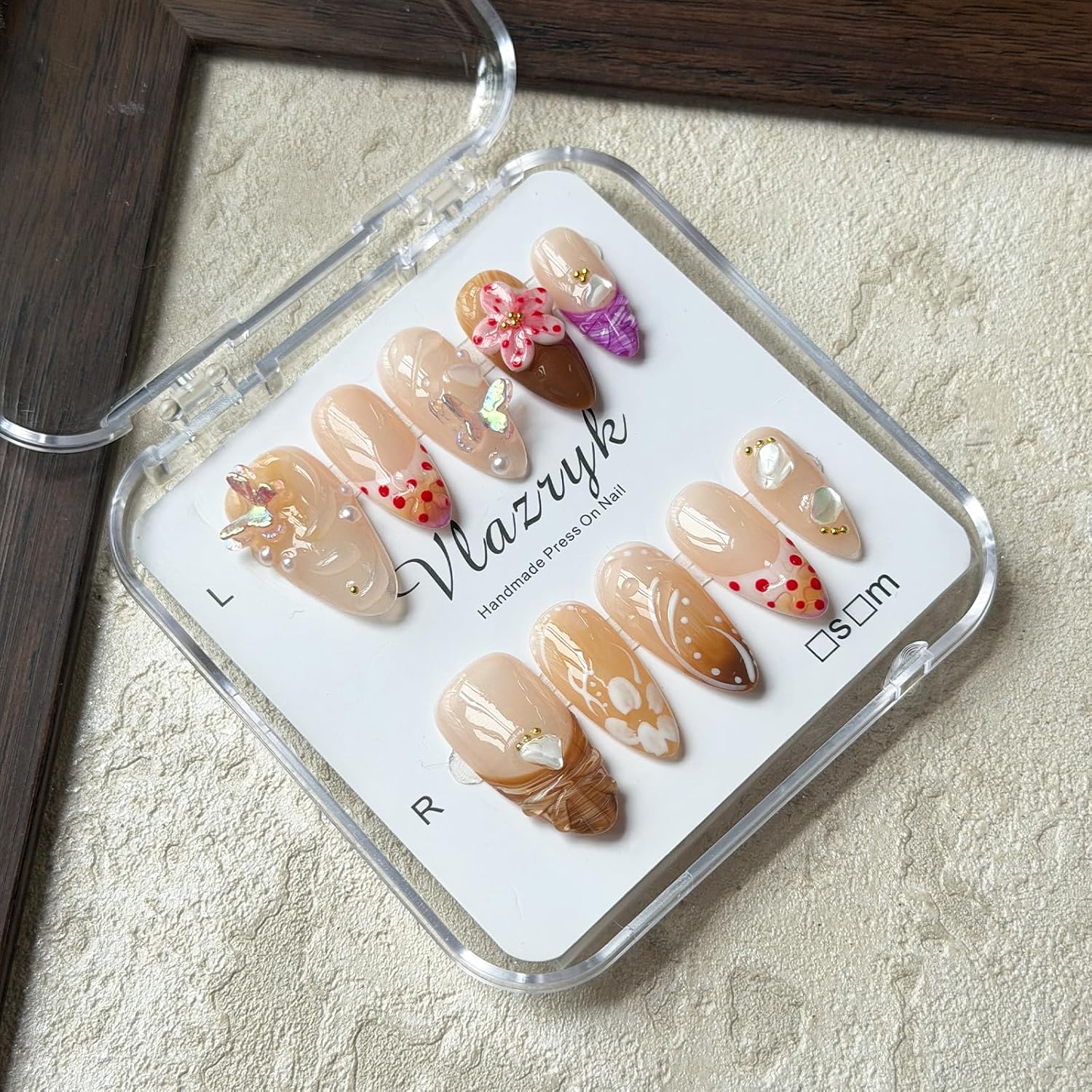 Handmade Press-On Nails – Medium Almond French Tip 3D Butterfly & Brown gradient Flowers - Image 2