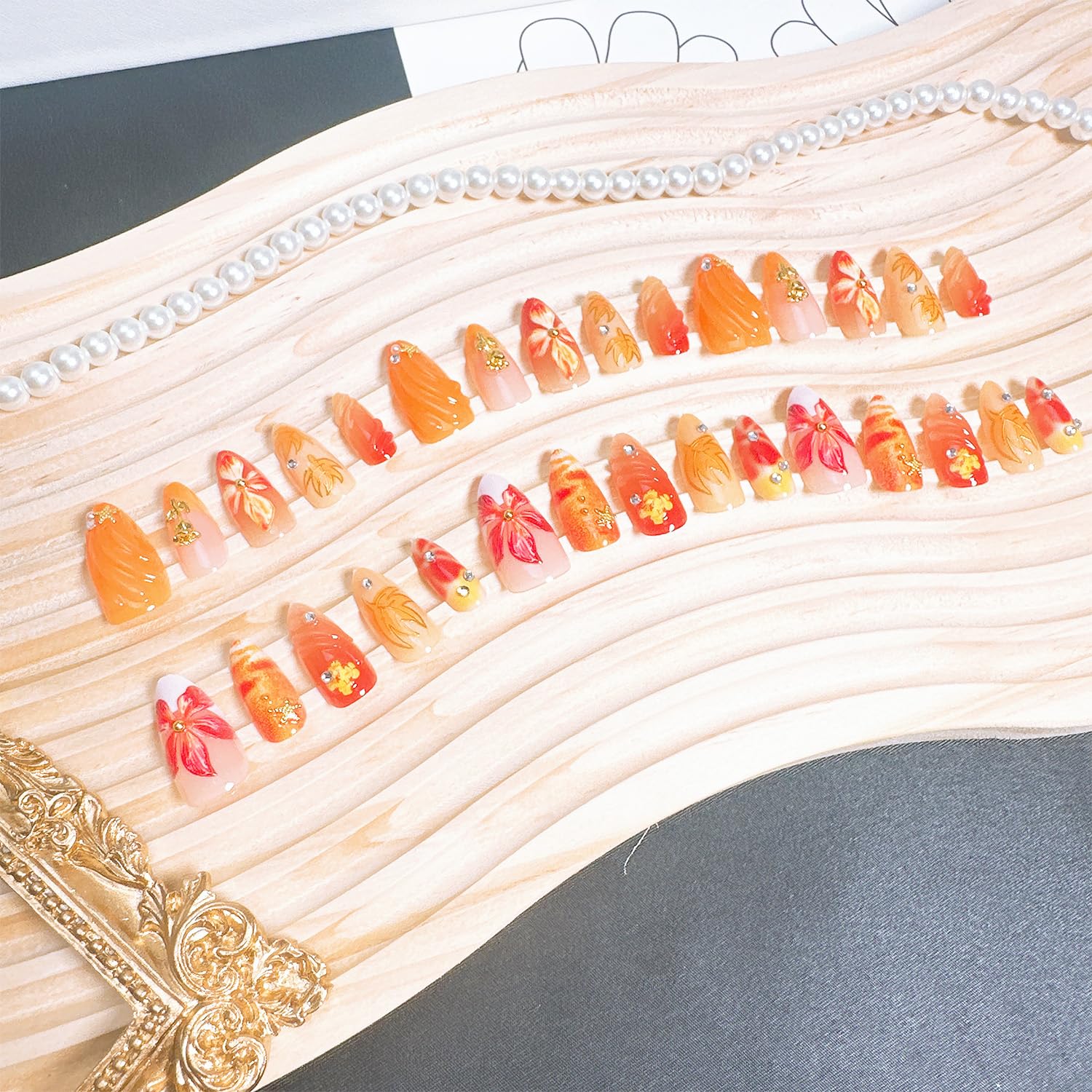 30 Pcs Fall Press on Nails Medium Almond Fake Nails with 3D Flower Gold Rose Rhinestones Design - Image 6