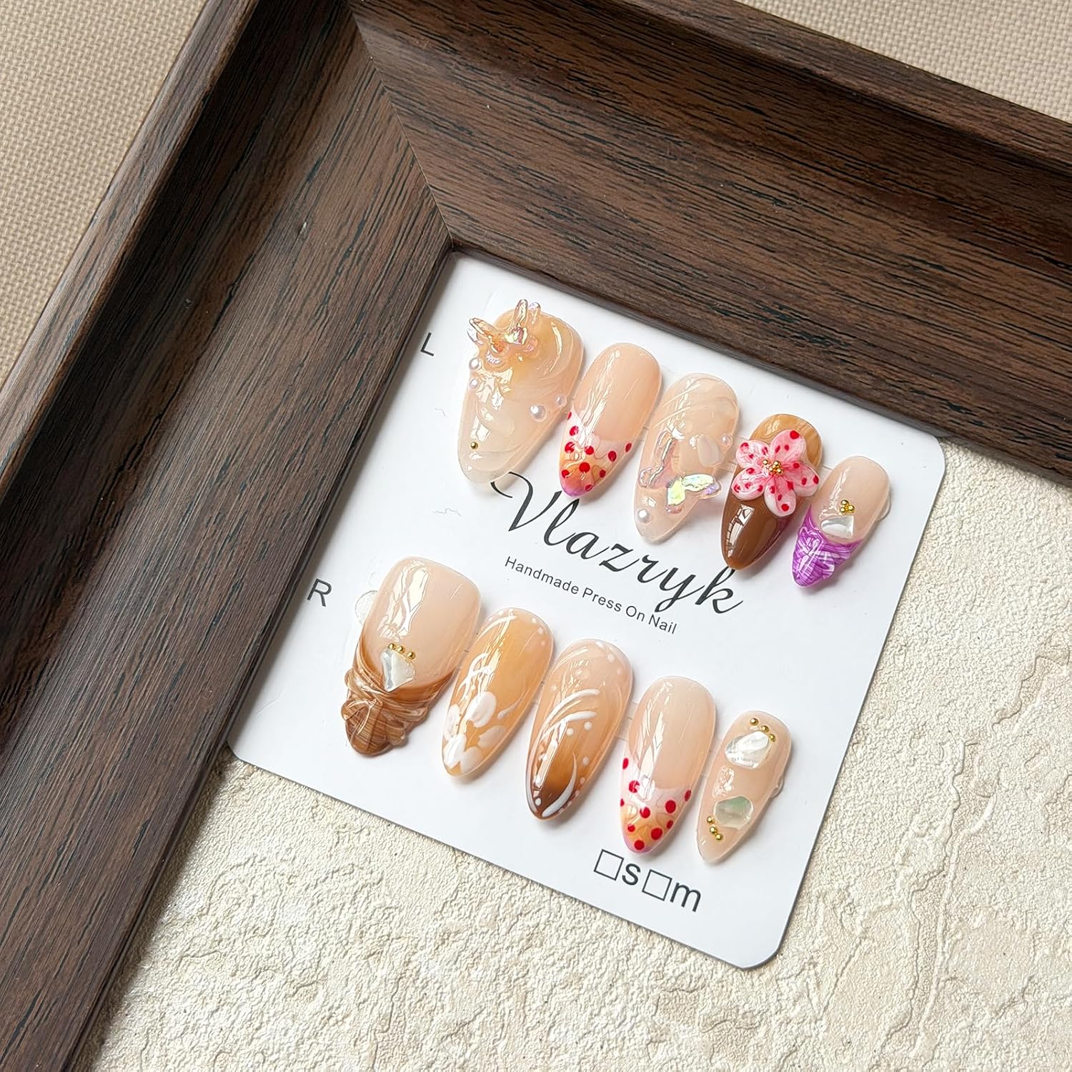 Handmade Press-On Nails – Medium Almond French Tip 3D Butterfly & Brown gradient Flowers - Image 6