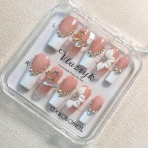 Luxury Handmade Press on Nails - Long Square White French Tips Press on Nail with 3D