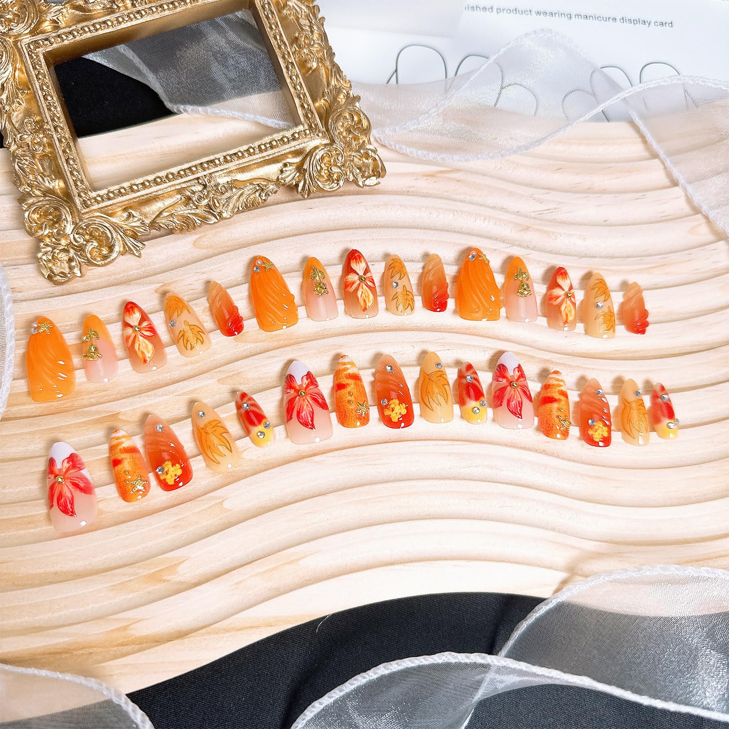 30 Pcs Fall Press on Nails Medium Almond Fake Nails with 3D Flower Gold Rose Rhinestones Design - Image 2